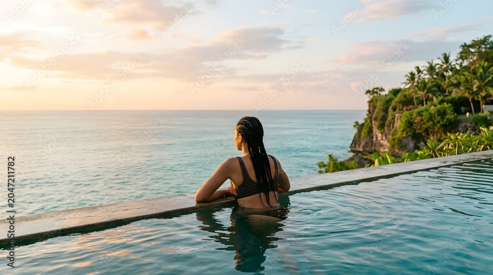 Obraz premium Woman with braided hair relaxing in luxury infinity pool overlooking tropical ocean sunset