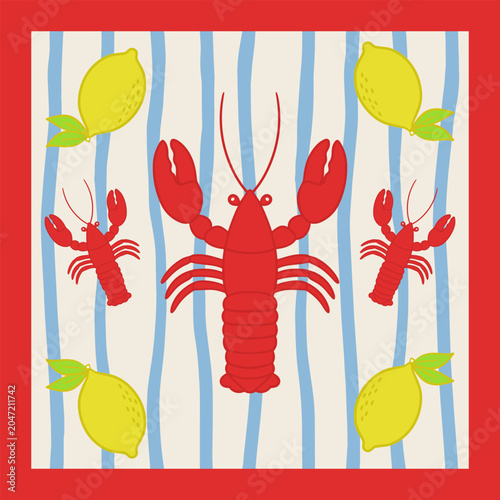 Modern nautical scarf design with red lobsters and lemons on a blue wavy striped background.