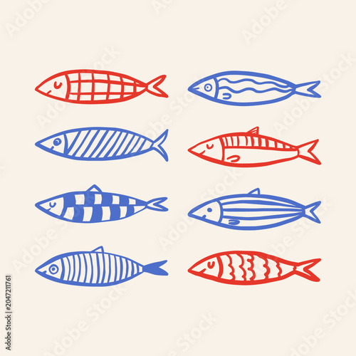 Cute fish vector set. Hand-drawn collection of blue and red sea fishes isolated on light background.