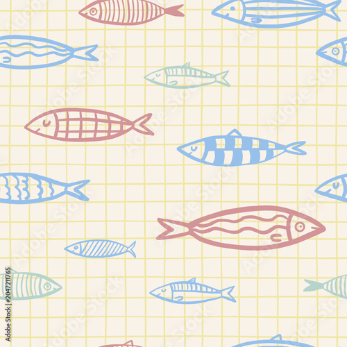 Cute scandinavian seamless pattern with hand-drawn pastel fish on a yellow checkered background.