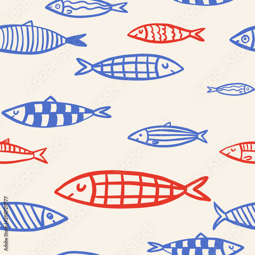 Cute seamless pattern with hand-drawn blue and red fish on a light background.
