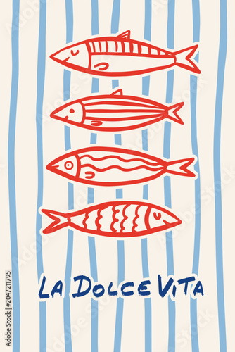 La Dolce Vita greeting card featuring hand-drawn red sardines on soft blue coastal stripes.