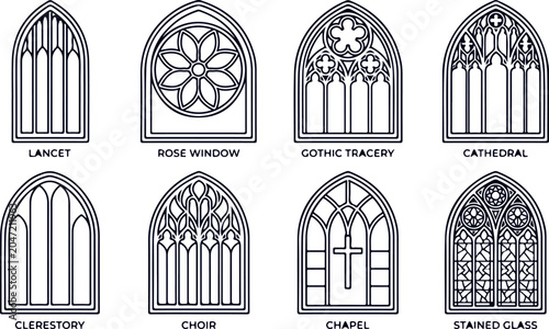 Foto Gothic architectural window styles including lancet rose tracery cathedral clerestory choir chapel stained glass