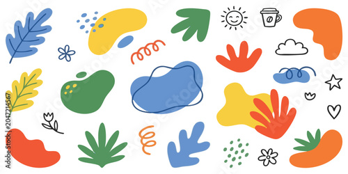 Set of colorful hand drawn abstract shapes and cute doodle elements for creative design and modern decoration