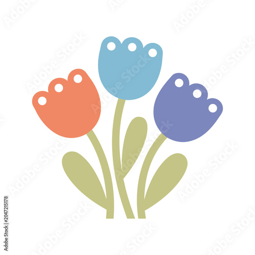 Stylized colorful tulips illustration with playful cartoon faces on white background