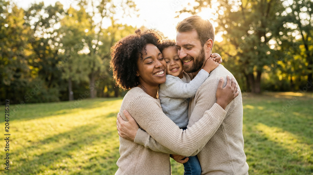 Naklejka premium Diverse Family Embracing Joyfully in Sun-Dappled Park with Warm Sunlight
