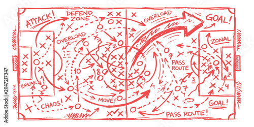 Foto Soccer tactic board with red hand drawn lines showing football game strategy ana