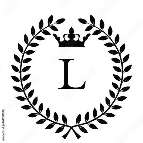 Fotografia Elegant laurel wreath, crown, letter L, logo, royal crest, black vector icon