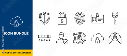 Photos Hand drawn secure access icons with cloud security fingerprint shield and id bad