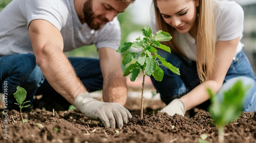 Fototapeta premium Young couple planting a tree, environmental responsibility, sustainability,