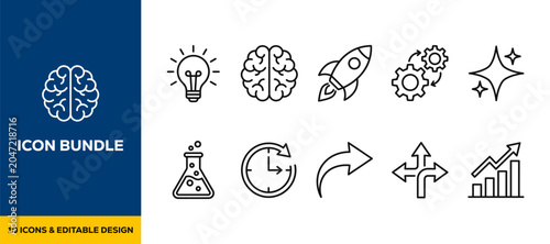 Slika na platnu Hand drawn innovation and science lab icons with brain rocket gears and test tub
