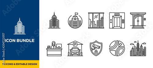Hand drawn city architecture and smart building icons with elevator and security symbols flat vector illustration icon bundle set high resolution