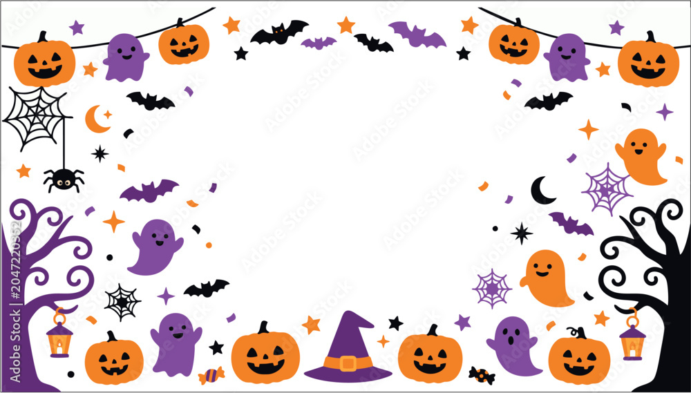 Fototapeta premium Purple Halloween Border Frame with Ghosts and Pumpkins