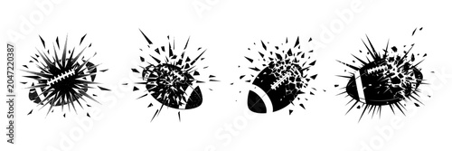 Foto Set of American football balls exploding in shattered pieces, grunge style