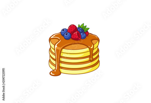 Stack of Golden Pancakes Topped with Fresh Berries and Syrup Drizzle, Isolated Vector Illustration for Breakfast Food Design