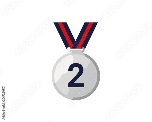 Silver Second Place Medal Icon with Red and Blue Ribbon, Isolated Vector Graphic for Awards Recognition
