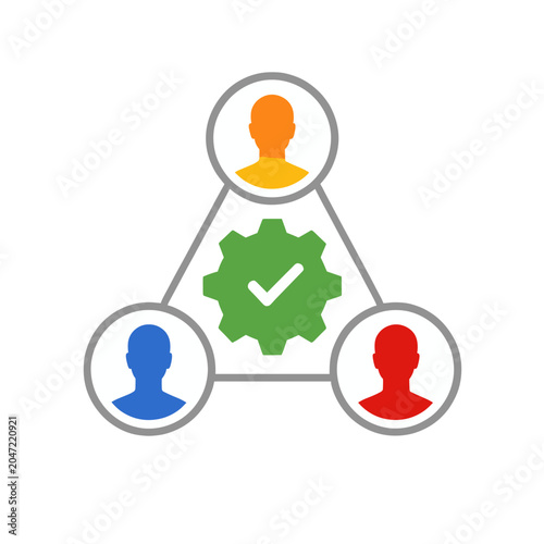 Team Collaboration Workflow Icon, Vector Illustration with Three People and Gear Checkmark Symbol for Business Process Management