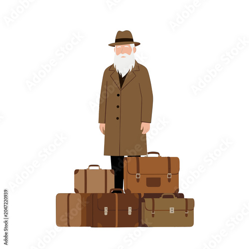 Vintage Gentleman with White Beard and Brown Coat Standing Beside Stack of Leather Suitcases, Isolated Vector Illustration for Travel or Adventure Concept
