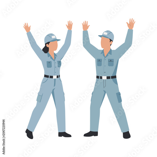 Two Construction Workers in Blue Uniforms Raising Arms Victory Pose, Isolated Vector Illustration for Safety Training or Team Celebration