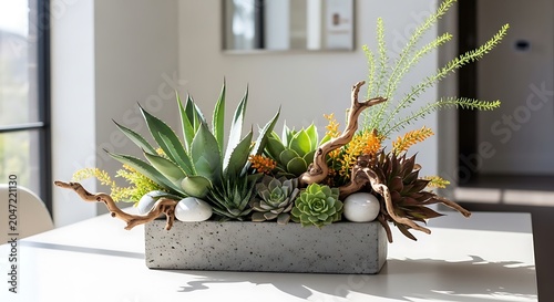 A beautiful arrangement of green succulents and dry branches inside a long grey stone planter on a bright table. desert botanical mix