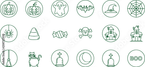 Cuadro en lienzo Halloween icons with pumpkins, ghosts, bats, witches, spiders, candy, and spooky elements
