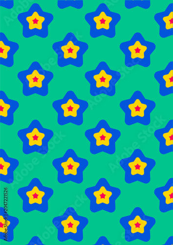 A vertical digital illustration showcasing a vibrant and playful seamless pattern of stylized stars. The repeating composition features whimsical, rounded five-point stars arranged in a clean, alterna