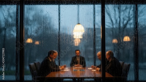 Business People Having Dinner in Restaurant on Rainy Night