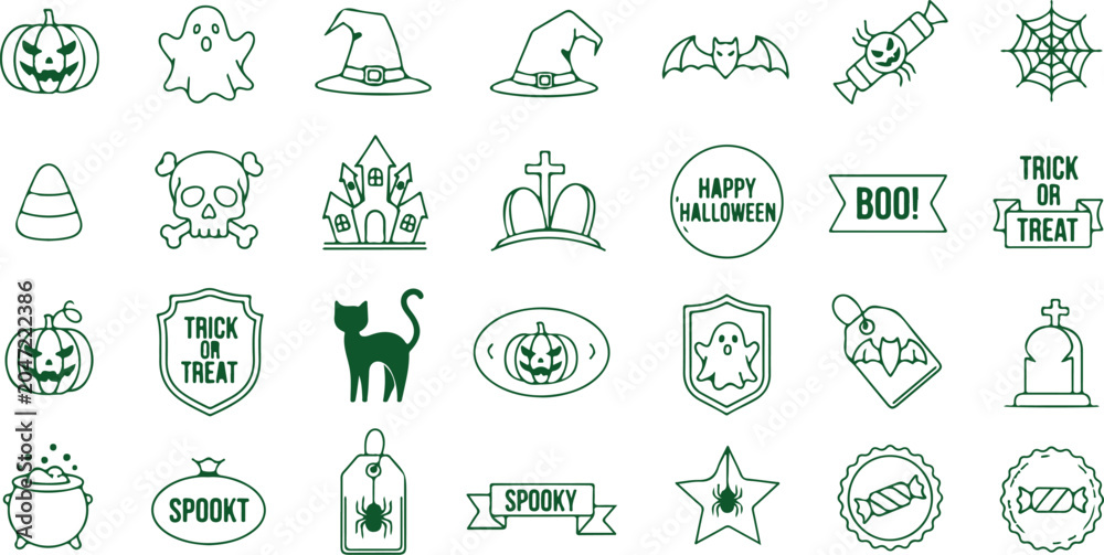 Fototapeta premium Collection of Halloween themed icons with pumpkins, ghosts, witches hats, bats, skulls and spooky signs.