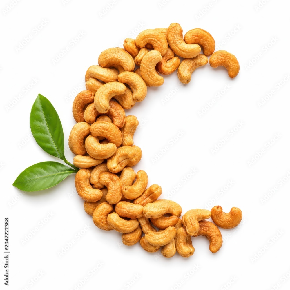 Fototapeta premium Roasted cashew nuts arranged in a neat crescent shape with two fresh green leaves beside them premium plant based snack and nutrition concept clean flat lay composition isolated