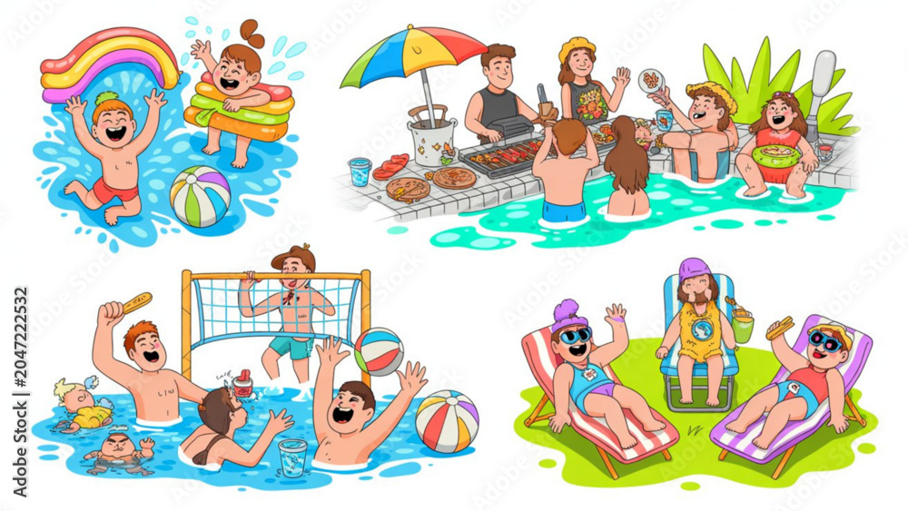 Naklejka premium Fun pool Summer Pool Party Line Art Vector Set – Vacation Fun and Poolside Elements
