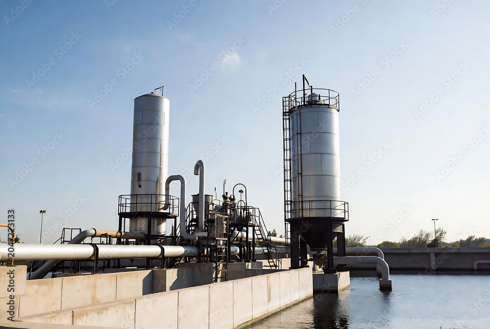 Obraz premium Industrial processing tanks and piping are situated outdoors in a sunny, open industrial area.