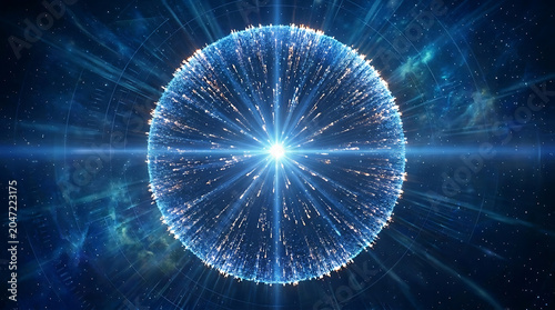 Abstract glowing sphere emitting light and energy in a cosmic nebula
