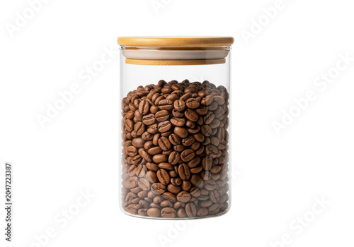 Glass jar filled with roasted coffee beans, airtight lid, aromatic beverage ingredient, breakfast staple, gourmet quality, kitchen storage.