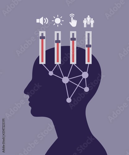 Sensory regulation and neurodiversity, human head with neural networks and sensory control sliders.