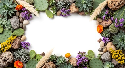 Natural border frame made of various succulent plants and colorful flowers with decorative stones on dark background. desert botanical mix