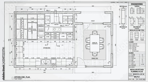 Cuadro en lienzo Modular kitchen planning and cabinetry technical floor plan