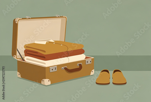 Open Suitcase Packed With Folded Clothes for Travel Illustration