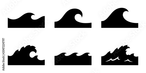 Foto Set of 6 Black Wave Icons, Ocean Water Surface Graphics, Sea Swell Vector Illust