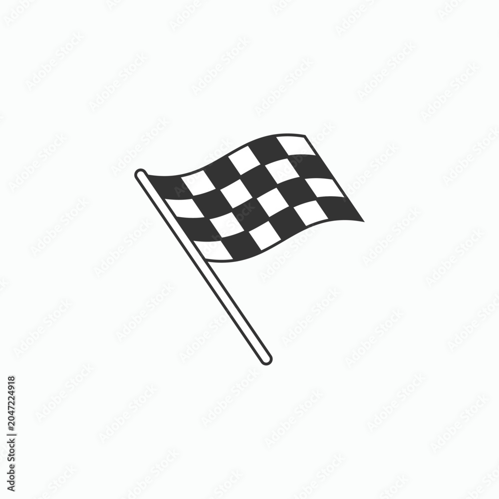 Obraz premium Checker flag waves on thin pole. Simple black and white design. Symbol of racing or competition. Ideal for motorsports or sports themes. Clean lines and minimal background