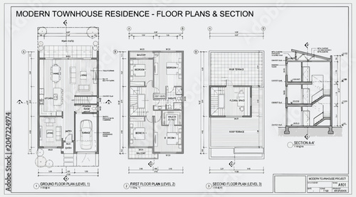 Schilderij op canvas Modern townhouse residence floor plans and building section