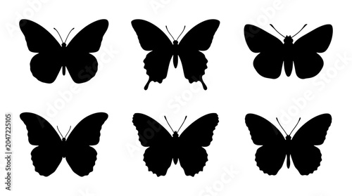 Bild auf Leinwand Six Black Butterfly Silhouettes, Insect Vector Icons, Nature Graphic Elements, E