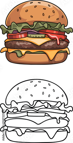 Burger illustration & outline set isolated on transparent background 