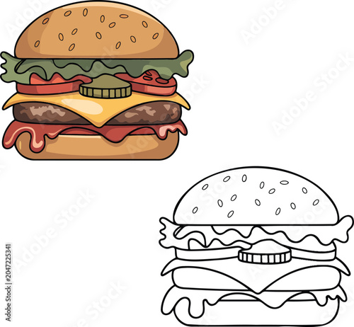 Burger illustration & outline set isolated on transparent background 