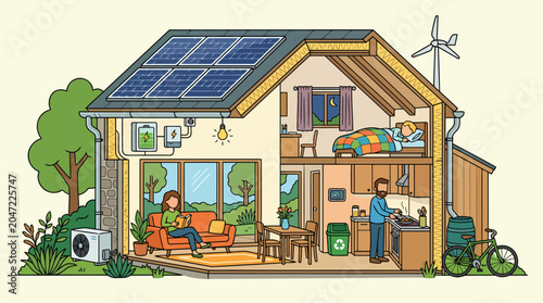 Cross-section view of a sustainable smart home with solar panels energy-efficient appliances and a modern eco-friendly interior design.
