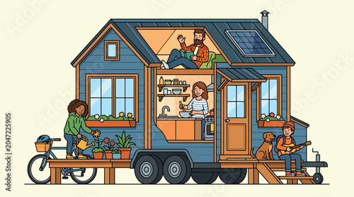 Diverse group of friends living in a sustainable tiny house community with solar panels and communal gardens for an eco-conscious lifestyle.