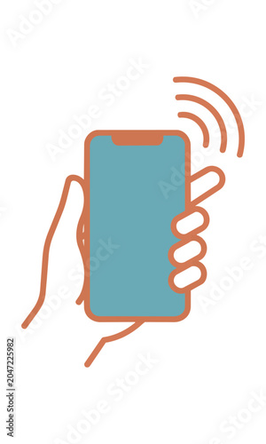 Minimalist line art of a hand holding a smartphone with wifi signal waves isolated on white background digital connectivity concept