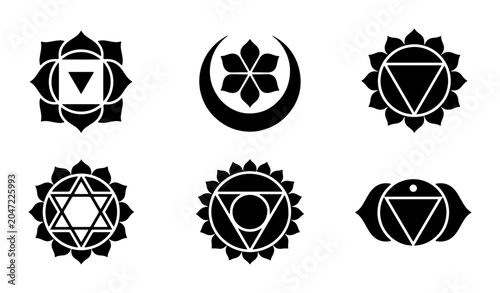 Fotografie Chakra Symbols Vector Icons, Spiritual Energy Centers, Yoga Meditation Graphics,