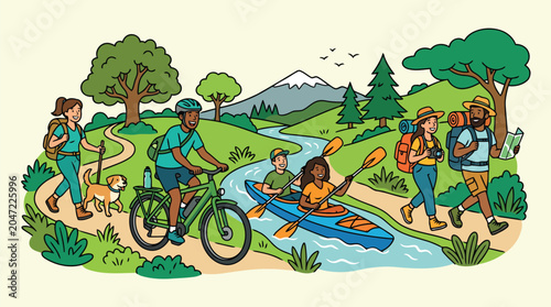 People enjoying various outdoor activities like cycling and kayaking in a clean natural landscape emphasizing eco-tourism and nature conservation.