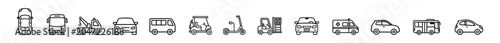Set of various vehicle icons including cars, bus, tow truck, scooter, forklift, ambulance and more in simple line art style on transparent background