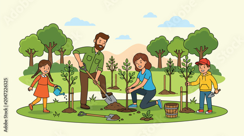 People of different ages planting trees and shrubs in a community greening project to restore local biodiversity and urban nature.